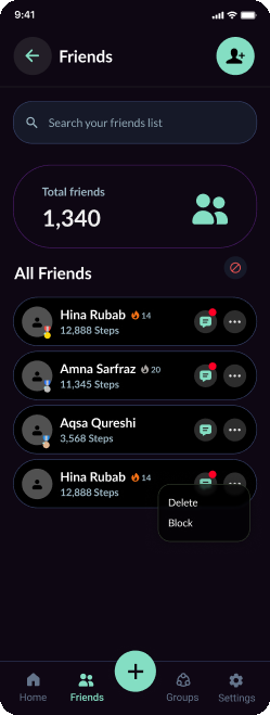 Footstep App friends screen showing total friends, a search bar and each friend's daily steps