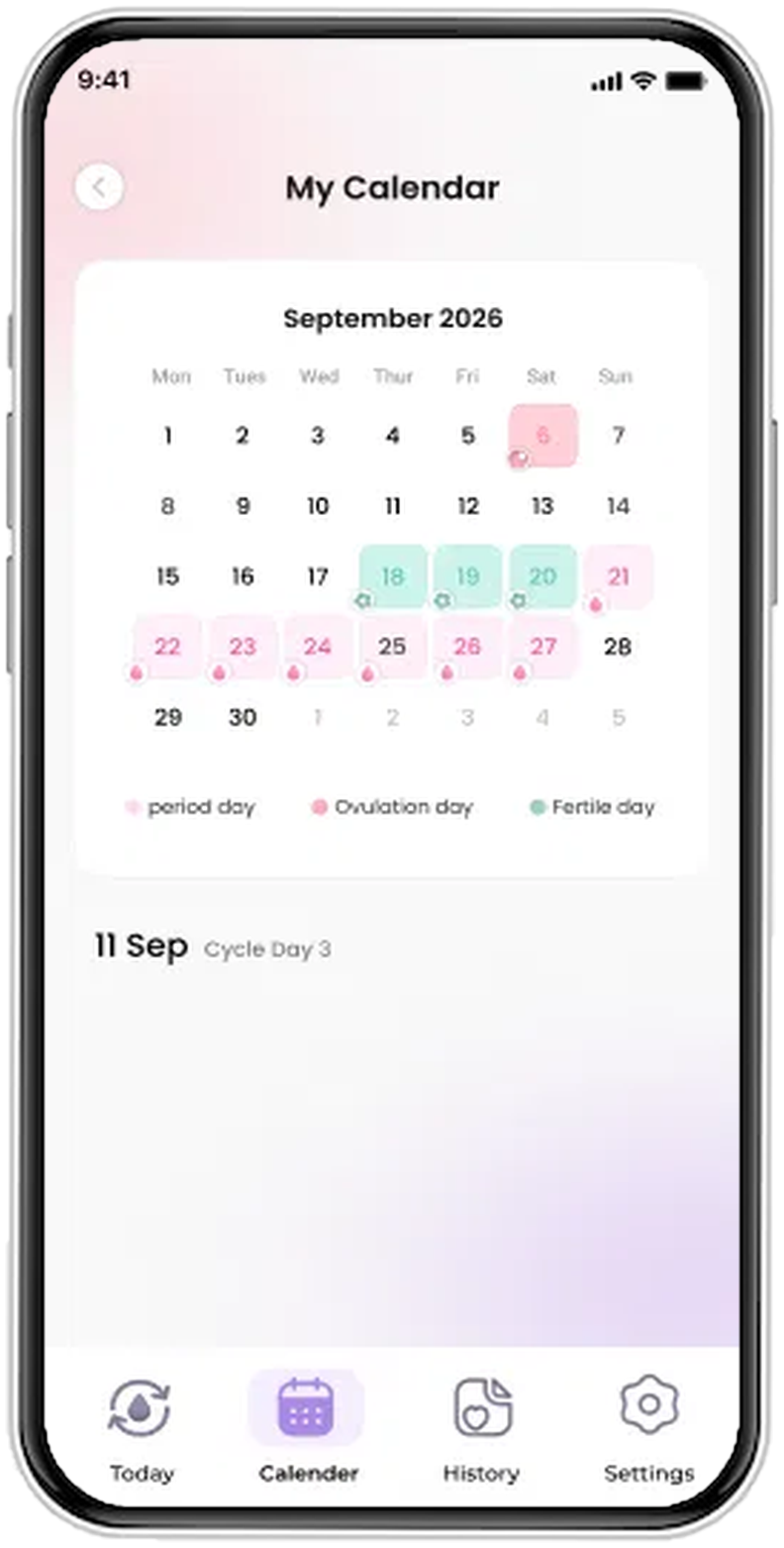 Period Tracker calendar for September 2026 with period, ovulation and fertile days colour-coded