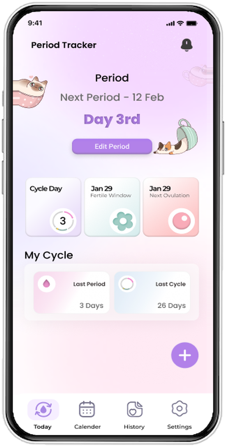 Period Tracker home screen showing the cycle day, next period date, fertile window and ovulation tiles