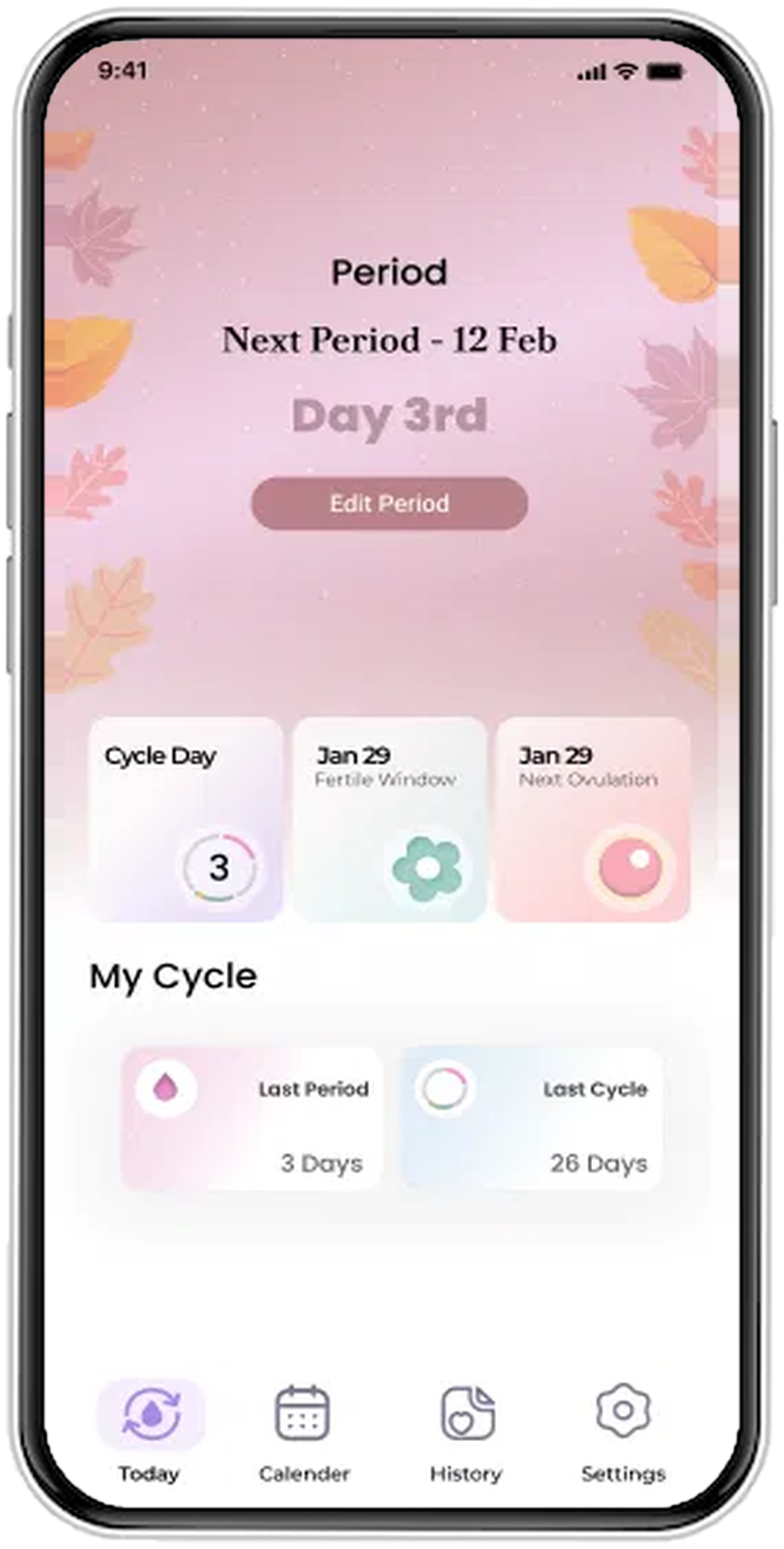 Period Tracker home screen in the Autumn leaves theme
