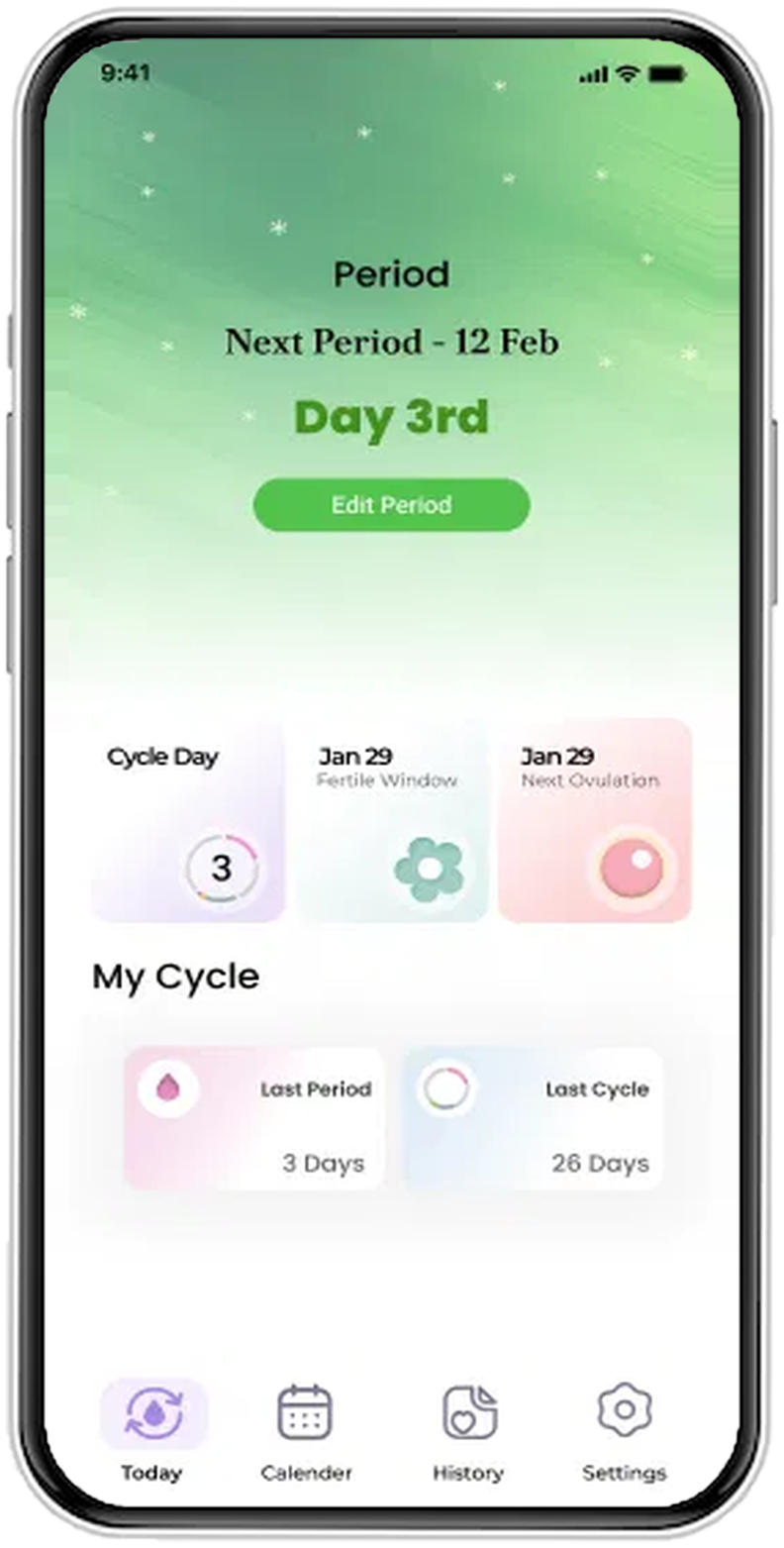 Period Tracker home screen in the Fresh meadow theme