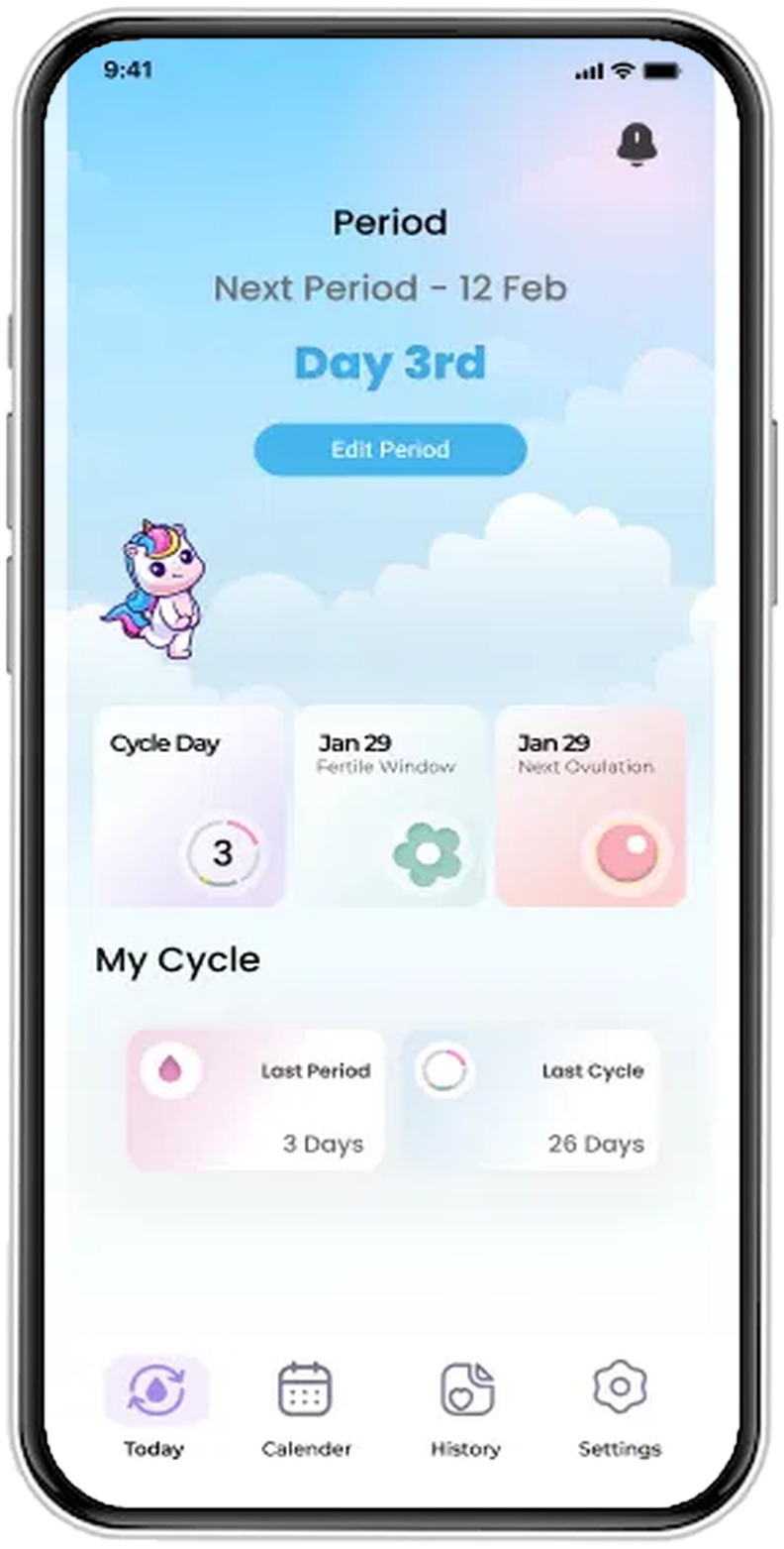 Period Tracker home screen in the Unicorn sky theme