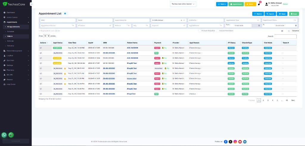 TechsaCare EHR Appointment List with status badges, filters, and day schedule