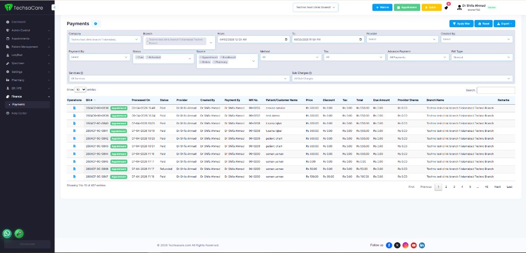 TechsaCare EHR Payments screen showing visit-linked billing filters and transaction list
